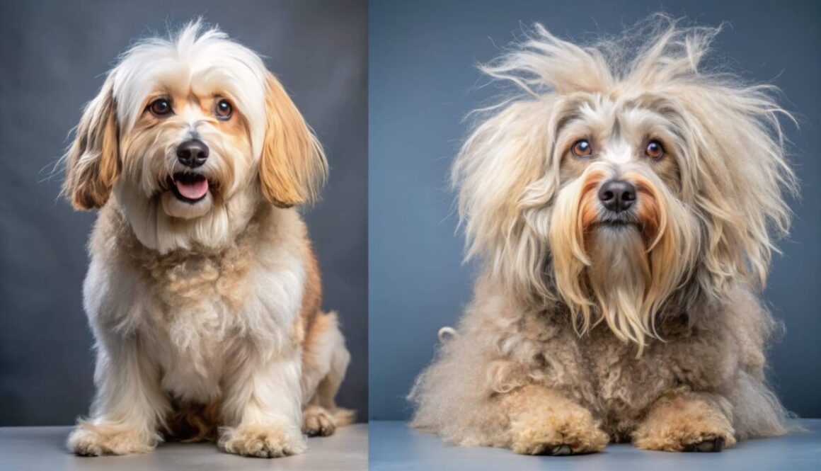Before and after transformation of a dirty, matted dog turning into a clean, fluffy, and well-groomed canine after a professional grooming session.