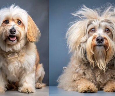 Before and after transformation of a dirty, matted dog turning into a clean, fluffy, and well-groomed canine after a professional grooming session.